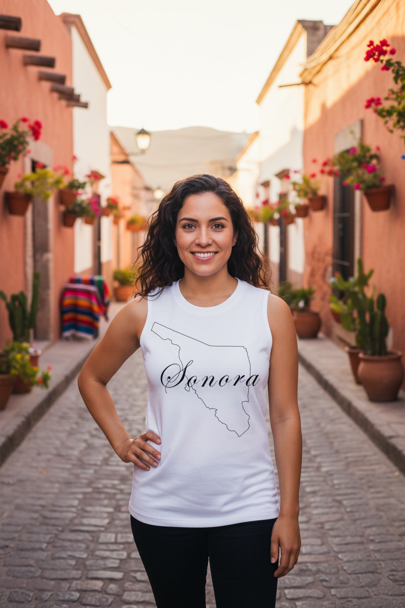 A woman stands on a cobblestone street wearing a white sleeveless tank top with a black outline of the state of Sonora and the word 'Sonora' across the front, paired with black pants.
