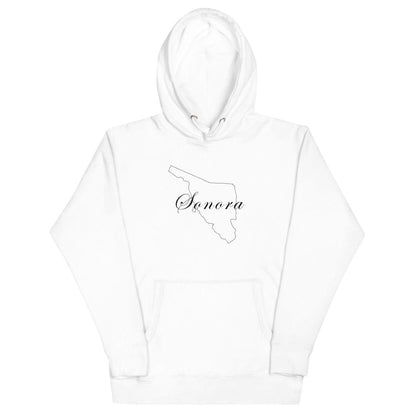 A white Sonora hoodie with a hood and a front pouch pocket, featuring the brand name 'Sonora' in black text on the front.