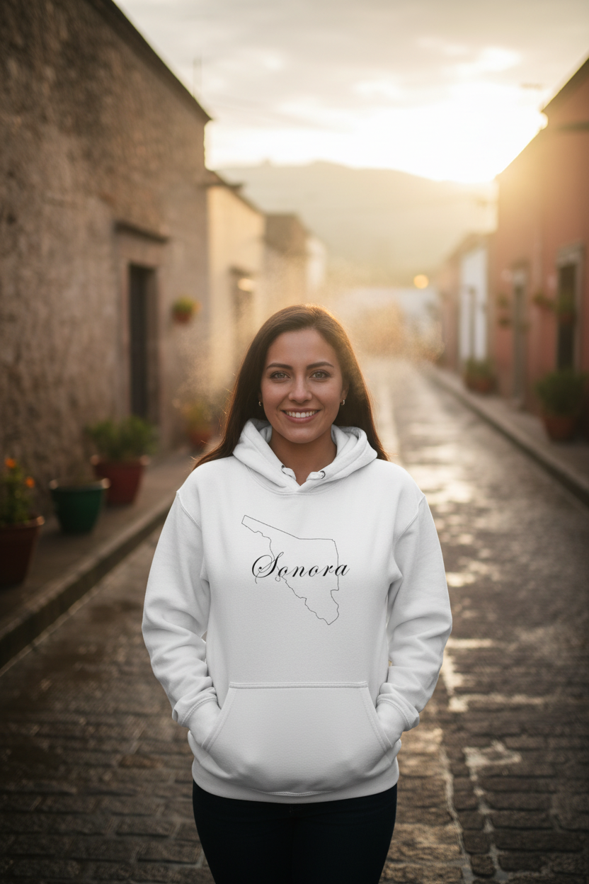 A white Sonora hoodie with a hood and a front pouch pocket, featuring the brand name 'Sonora' in black text on the front.