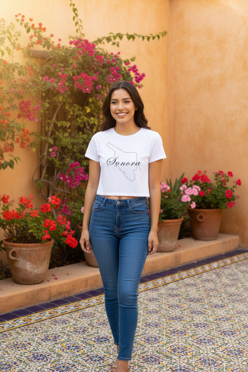 A woman wearing a white crop t-shirt with the text 'Sonora' printed on the front, paired with blue jeans.