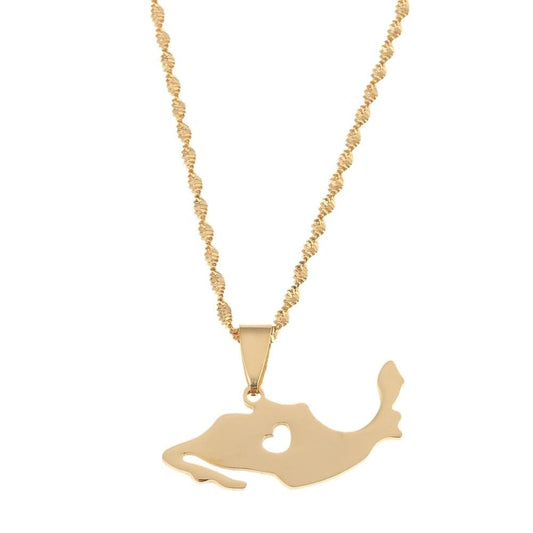 A gold-colored necklace featuring a pendant in the shape of a geometric pattern, attached to a link chain.