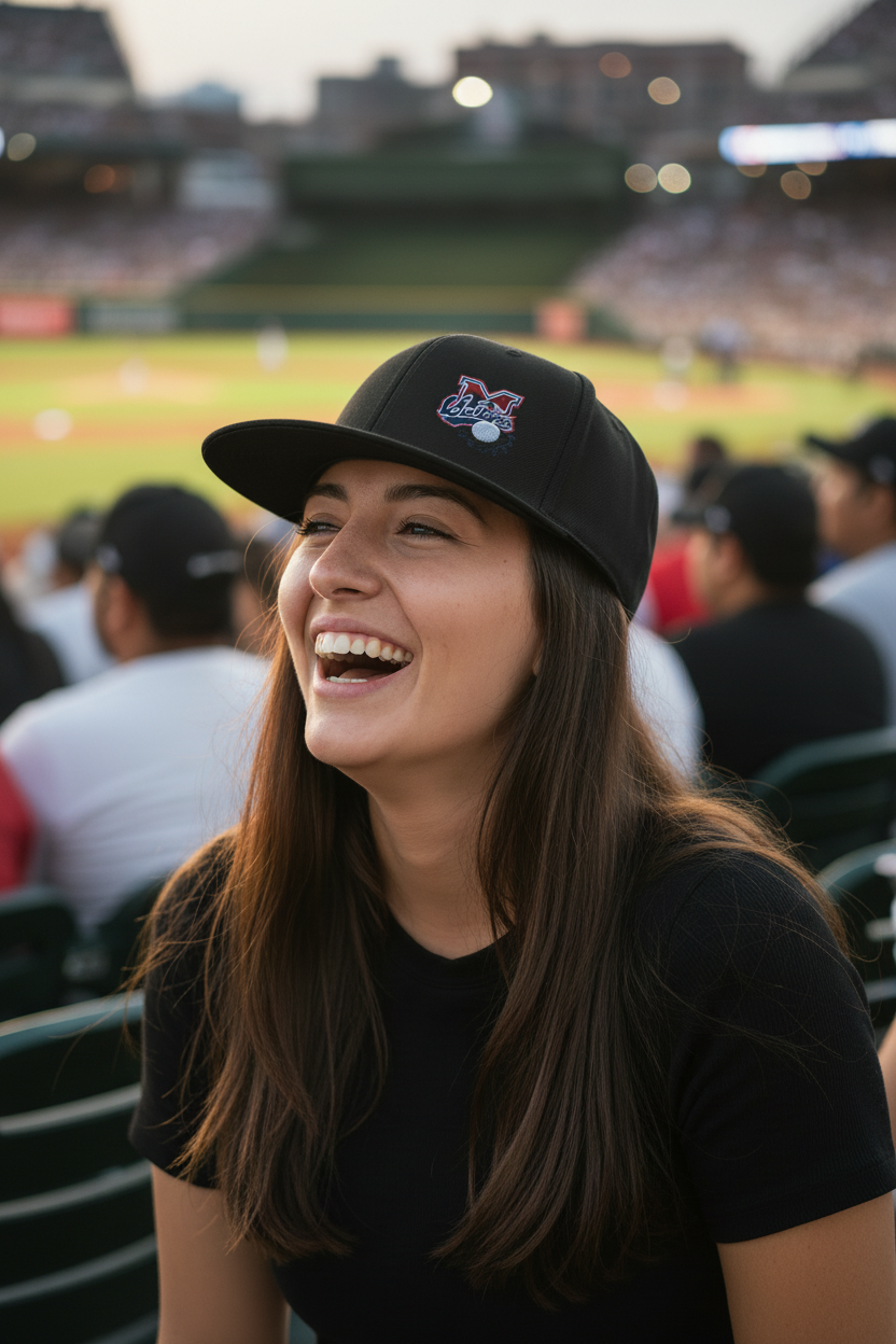A woman smiling in a stadium crowd, wearing a Sultanes de Monterrey black baseball cap with a small multicolor logo and a black t-shirt. The background shows a blurred baseball field and stands.