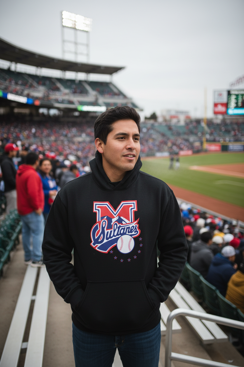 A man wearing a black pullover hoodie with a 'Sultanes' graphic on the chest stands in a stadium crowd during a baseball game.