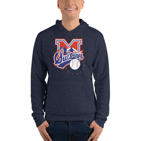 A person wearing a navy hoodie with the 'Sultanes de Monterrey' logo in the center, which features a stylized letter 'M' with a baseball and stars.