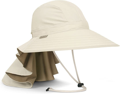 A beige bucket hat with a pleated waterfall neck cape and an adjustable chinstrap.