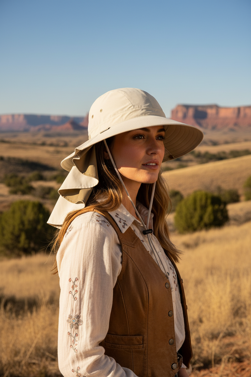 A woman wearing a wide-brimmed beige sun hat with a neck flap and a brown vest over a white embroidered blouse, standing in a dry grassy landscape with red rock formations under a clear blue sky.