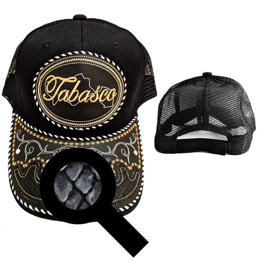 Tabasco Hat, Adjustable Unisex, Charro Style, Polyester/Acrylic, Embroidered Snake Skin Design in Black