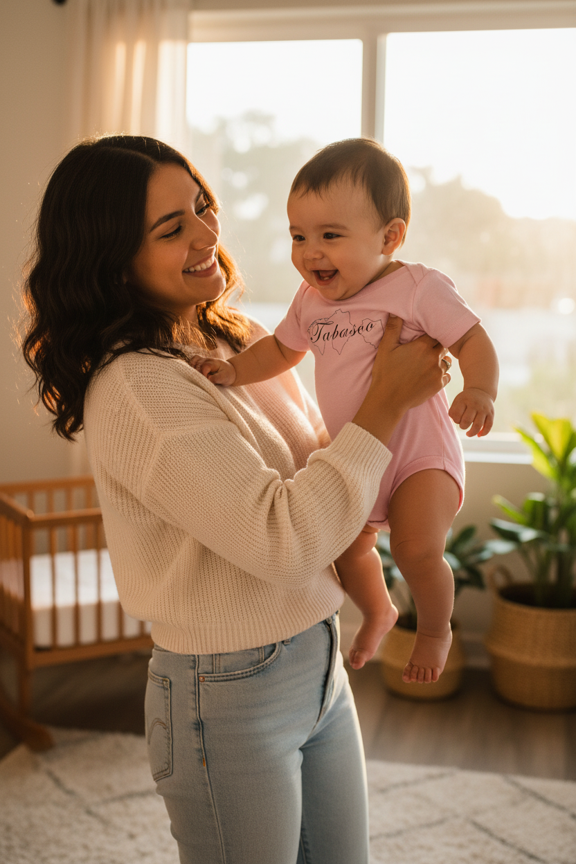 A short-sleeved pink T-shirt for babies with 'Tabasco' written in a stylized font resembling a map outline.