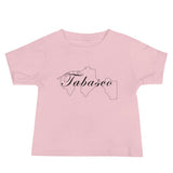 A short-sleeved pink T-shirt for babies with 'Tabasco' written in a stylized font resembling a map outline.