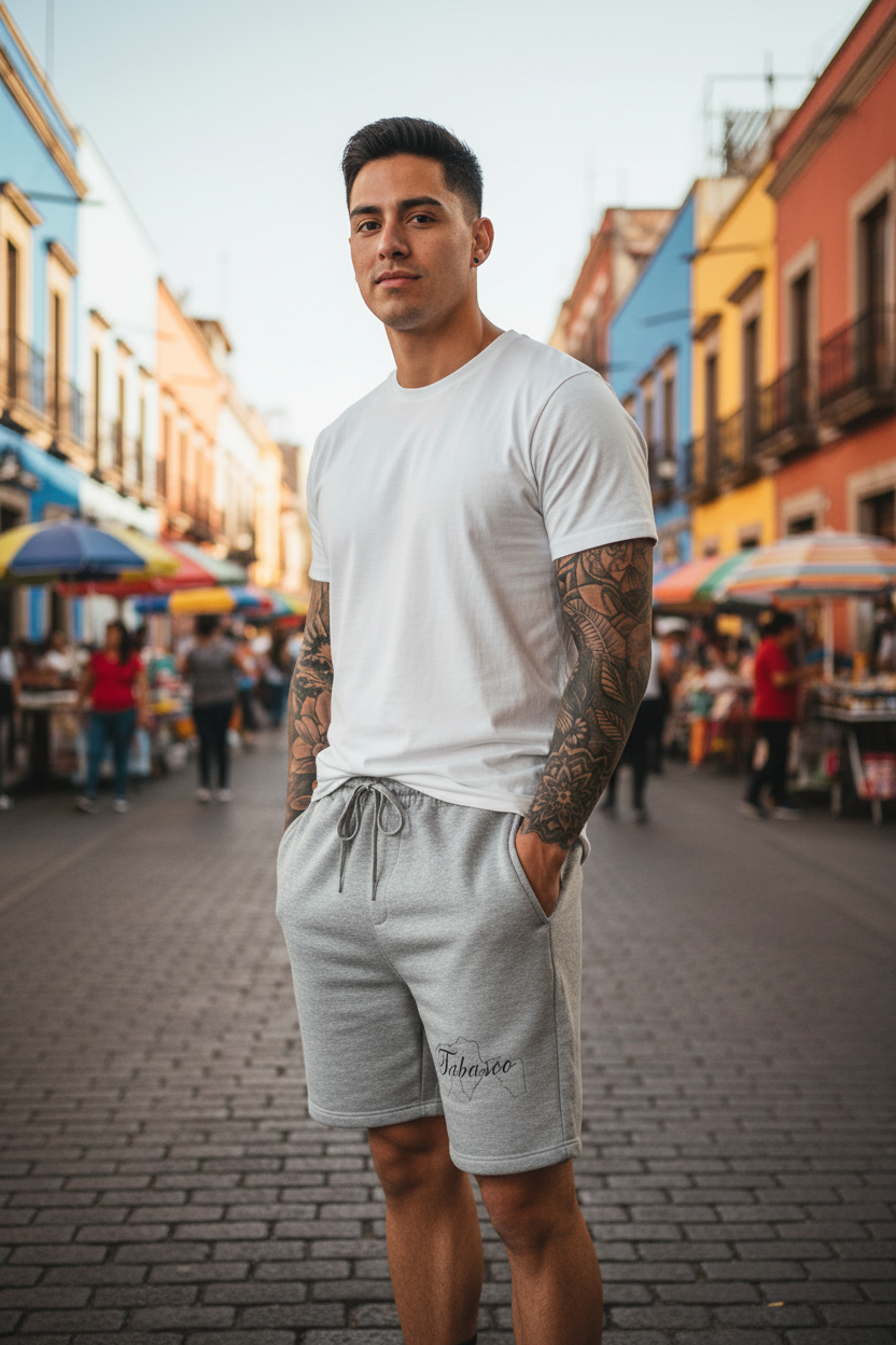 A man standing on a cobblestone street wearing a white crew-neck t-shirt and light gray drawstring sweat shorts with a small script logo on the left leg. The background shows a colorful, blurred outdoor market scene with buildings and stalls.