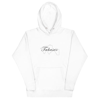 White Tabasco hoodie with a 3 panel hood and front pouch pocket.