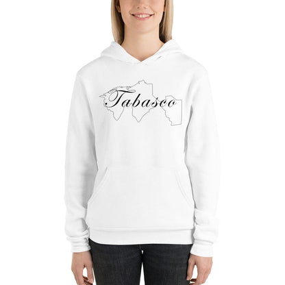 A woman wearing a white hoodie with the text 'Tabasco' on it.