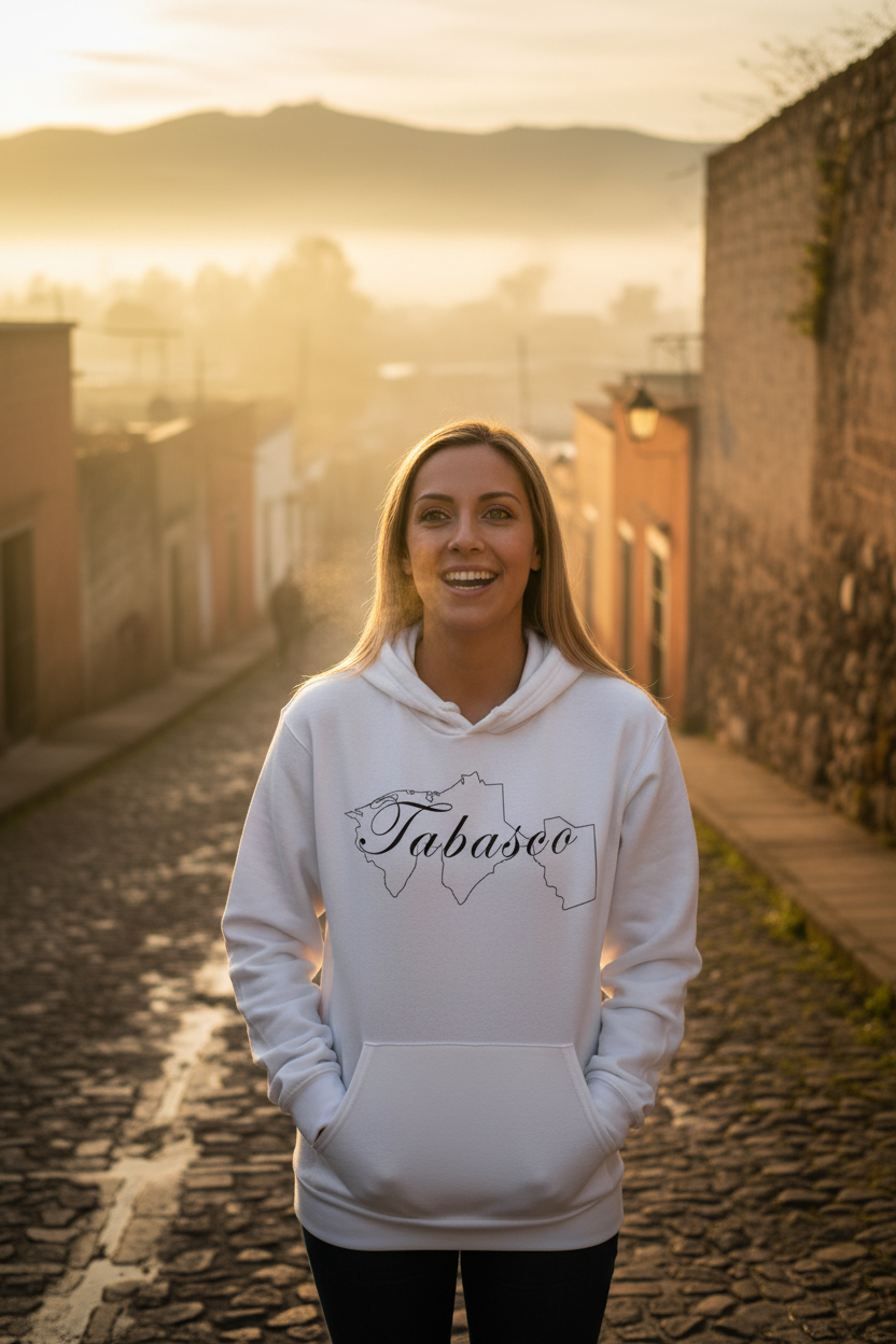 A woman wearing a white hoodie with the text 'Tabasco' on it.