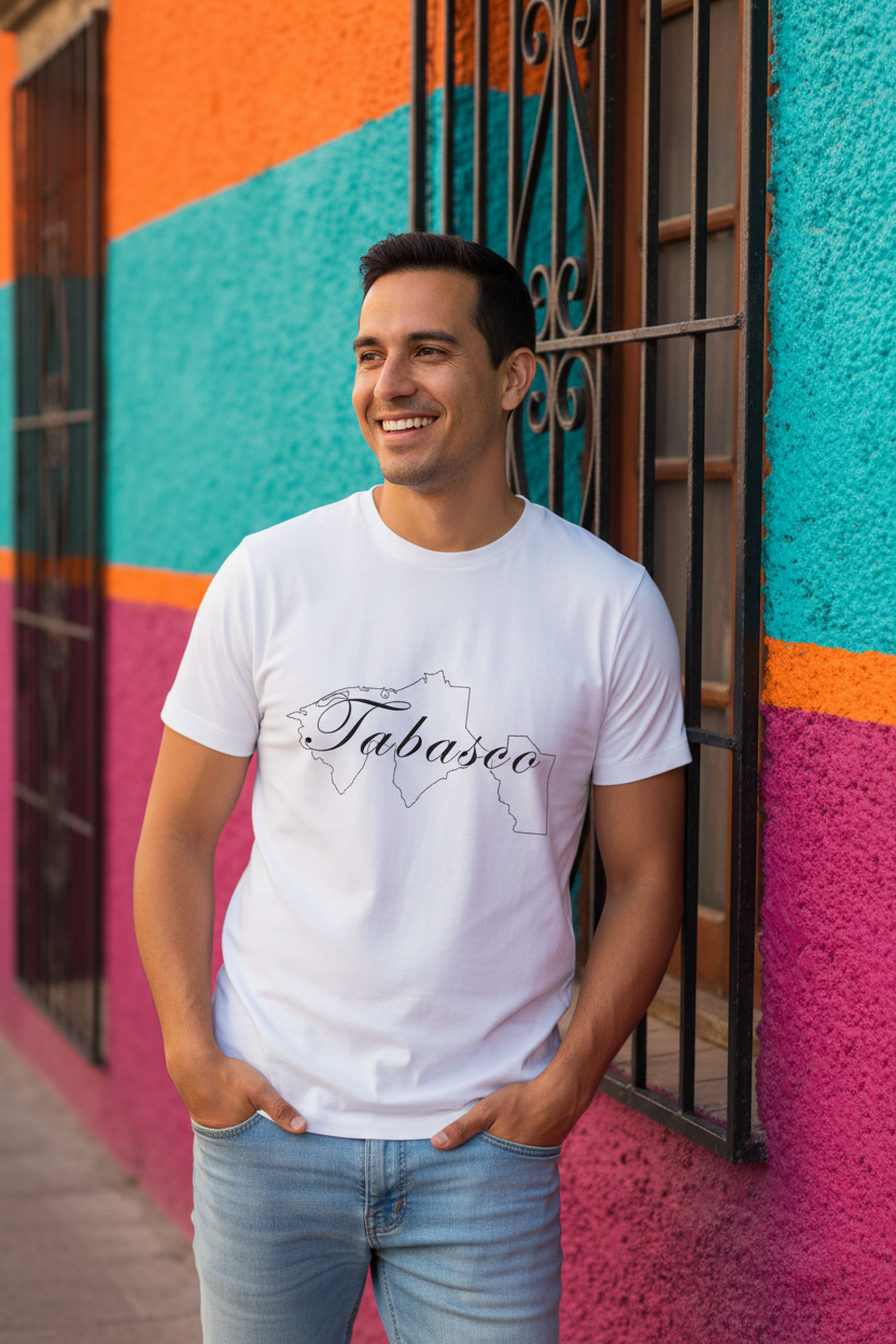A person wearing a short-sleeved white T-shirt with the word 'Tabasco' printed in black script on the front.