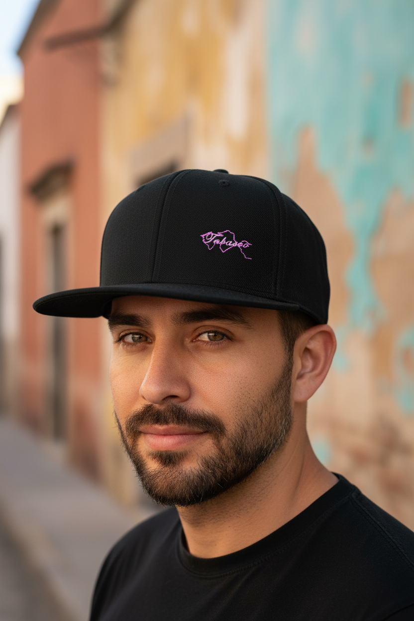A man wearing a black baseball cap with a purple embroidered script logo on the front, set against a blurred background of colorful building walls.