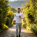 A pair of light gray Tabasco sports jogger pants with a waistband, waist adjustment, and side pockets. The jogger pants are accompanied by a black top and black sports shoes.