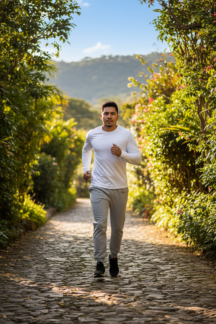 A pair of light gray Tabasco sports jogger pants with a waistband, waist adjustment, and side pockets. The jogger pants are accompanied by a black top and black sports shoes.