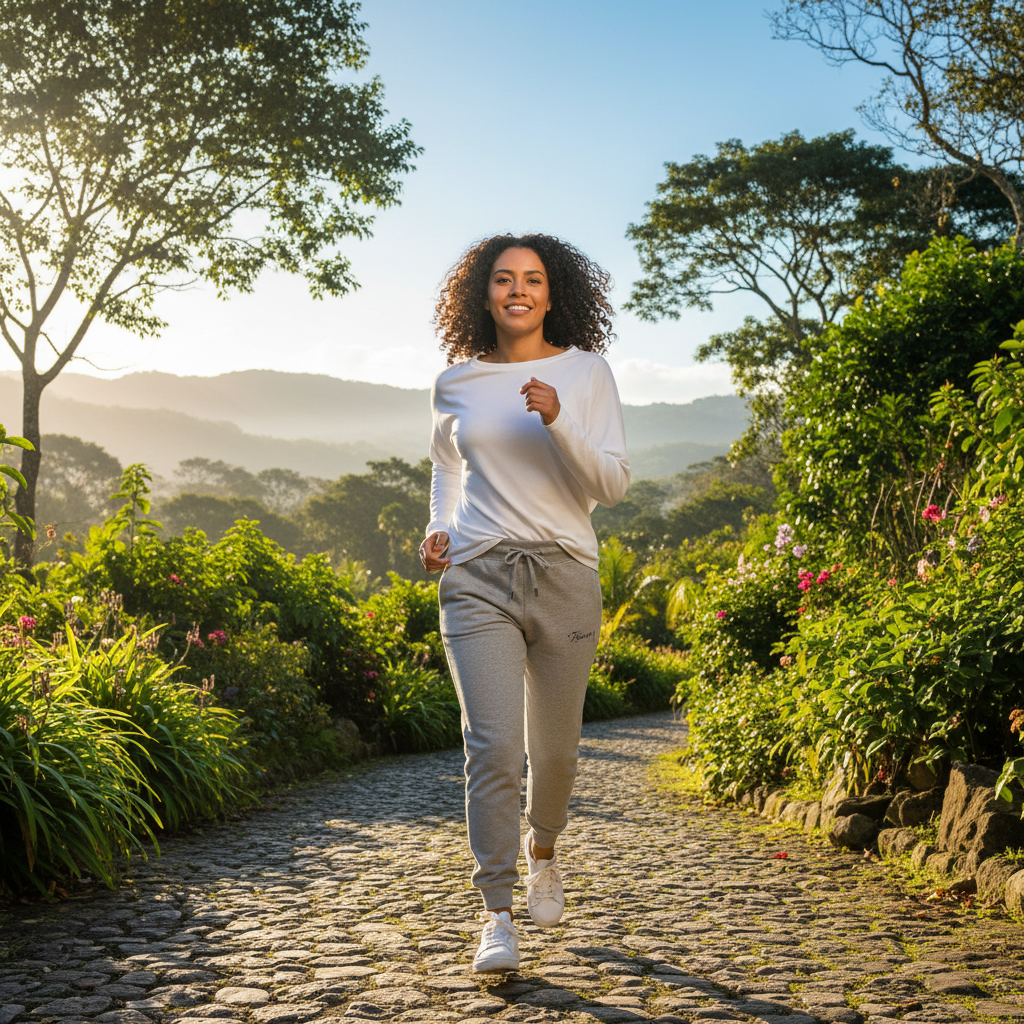 A woman smiling while jogging outdoors on a cobblestone path surrounded by lush green trees and bushes under a bright sky.