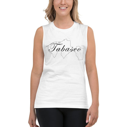 A person wearing a white sleeveless muscle tank top with the text 'Tabasco' printed on the front.