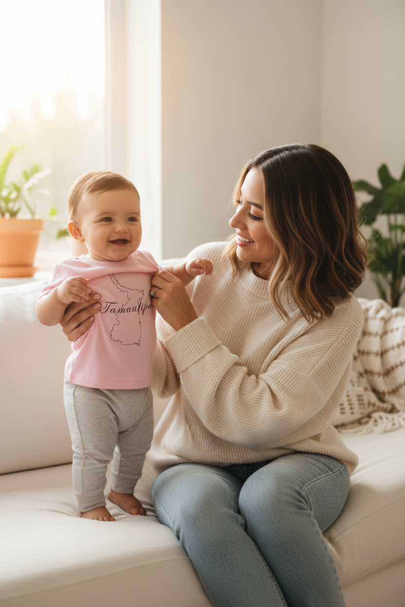 A short-sleeved pink T-shirt for babies with 'Tamaulipas' written in a stylized font resembling a map outline.