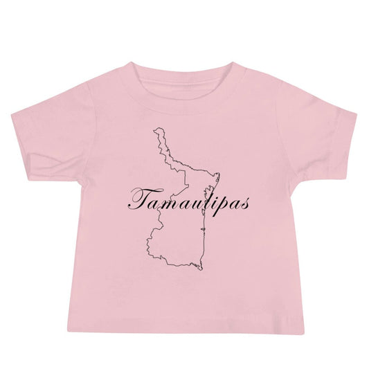 Baby short-sleeve T-shirt in rose pink with Tamaulipas state graphic on front