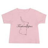 A short-sleeved pink T-shirt for babies with 'Tamaulipas' written in a stylized font resembling a map outline.