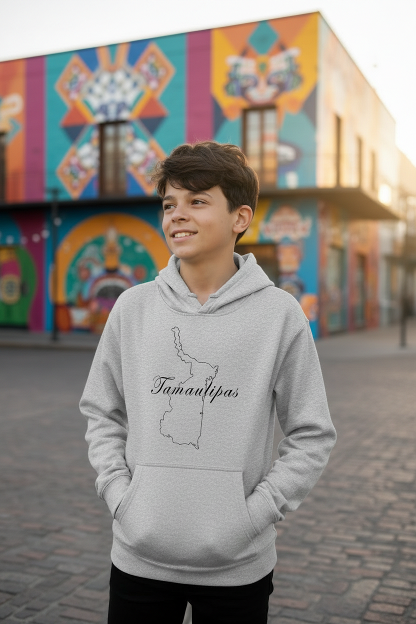A smiling young man wearing a light gray hoodie with a black outline map of Newfoundland and the word 'Tamaulipas' printed on the chest, standing outdoors in front of a brightly painted mural building.