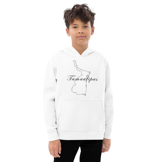 Kids white fleece hoodie with hood, kangaroo pocket, Tamaulipas graphic on chest