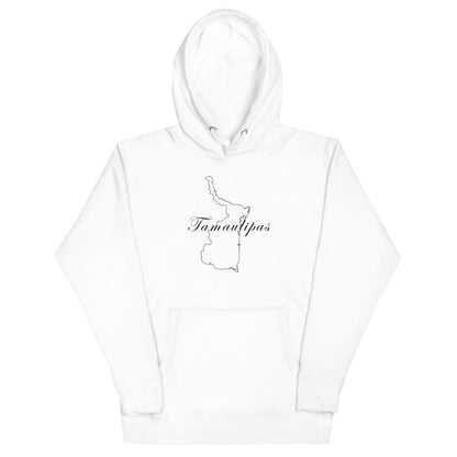 A white hoodie with a 3 panel hood and a front pouch pocket, featuring the text 'Tamaulipas' on the front.