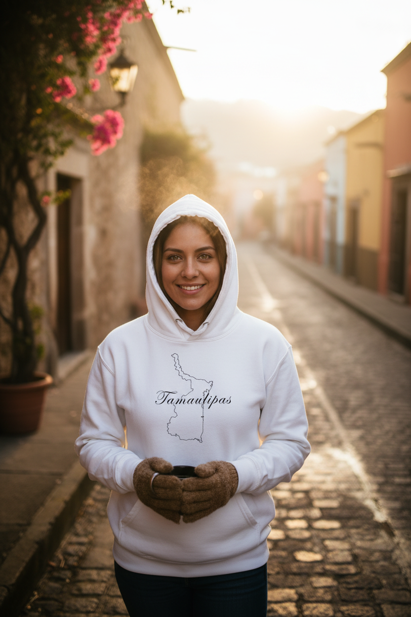 A white hoodie with a 3 panel hood and a front pouch pocket, featuring the text 'Tamaulipas' on the front.