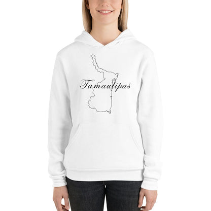 A woman wearing a white hoodie with the text 'Tamaulipas' on it.