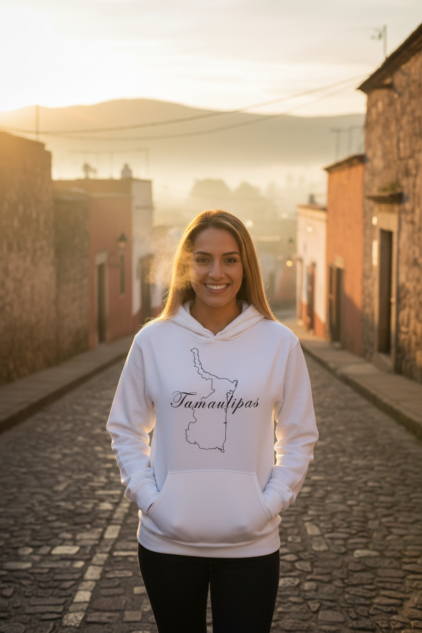 A woman wearing a white hoodie with the text 'Tamaulipas' on it.
