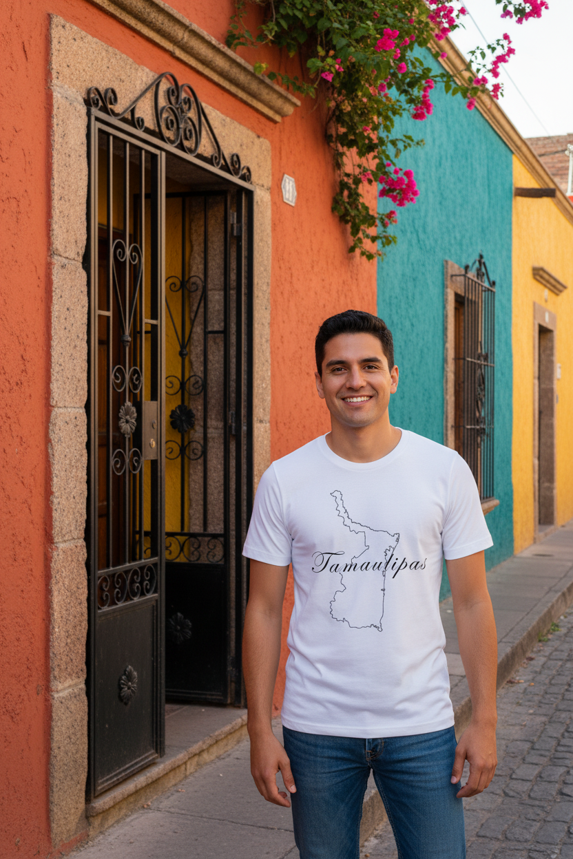 A smiling man wearing a white graphic t-shirt with a black outline of Panama and the word 'Tamaulipas' stands on a cobblestone street in front of a colorful building with orange, teal, and yellow walls.