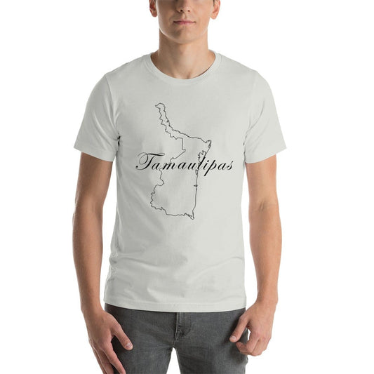 White short-sleeve unisex T-shirt with Tamaulipas outline and script graphic on chest