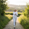 A woman in a white long-sleeve top and white jogger pants runs toward the camera on a cobblestone path surrounded by green fields and trees.