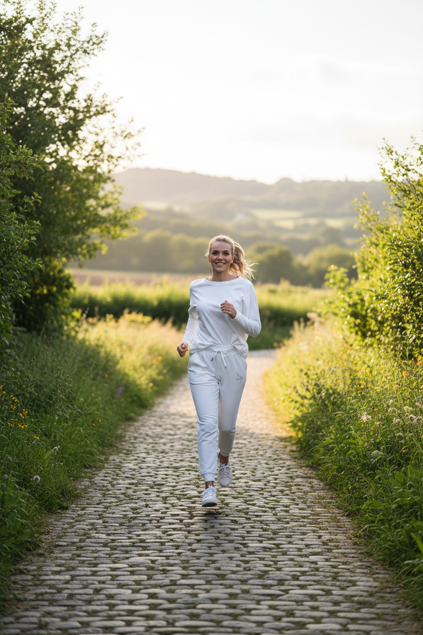 A woman in a white long-sleeve top and white jogger pants runs toward the camera on a cobblestone path surrounded by green fields and trees.