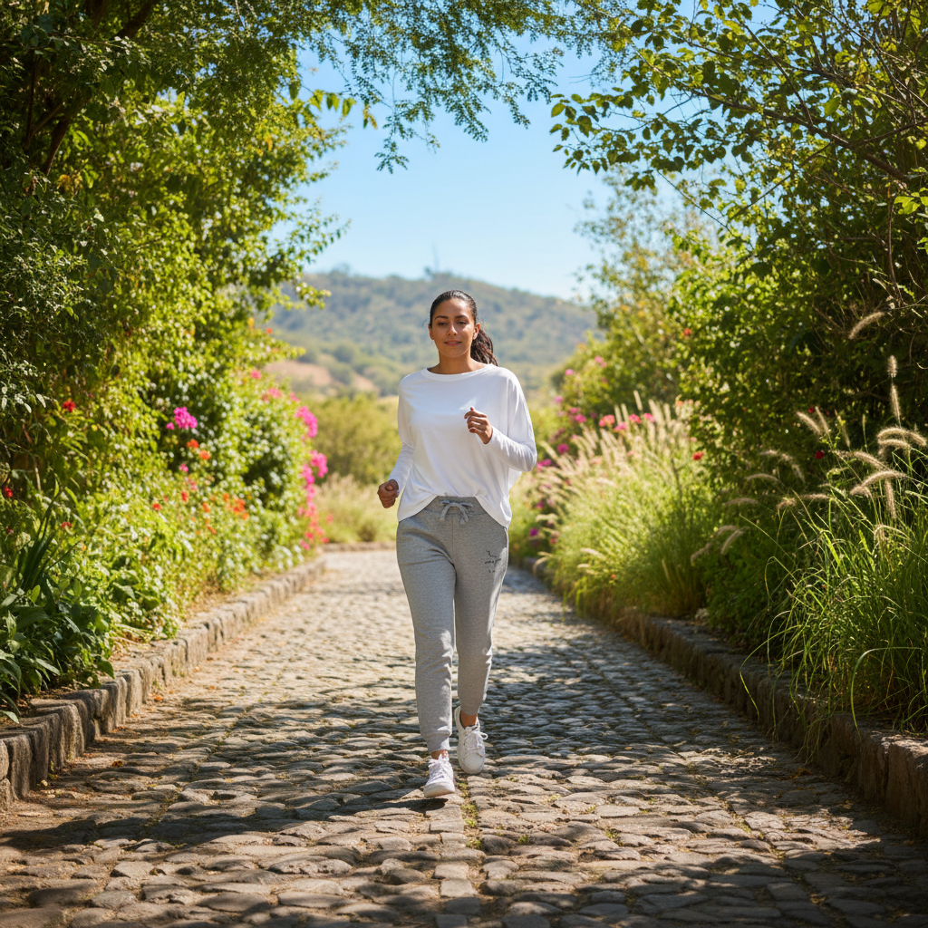 A woman jogging on a cobblestone path surrounded by lush green trees and bushes under a clear blue sky.