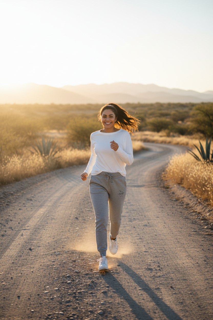 A woman standing, wearing carbon gray sweatpants with a drawstring waist, two front pockets, and ribbed cuffs. She has a white top and is wearing white sneakers.
