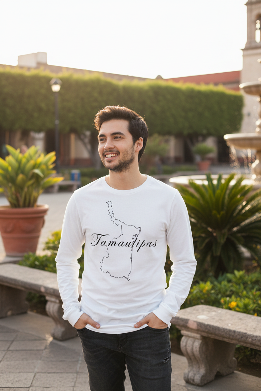 A man wearing a white long-sleeve t-shirt with a black outline map of the state of Tamaulipas and the word 'Tamaulipas' written in script, standing outdoors in a sunny plaza with stone benches and greenery.