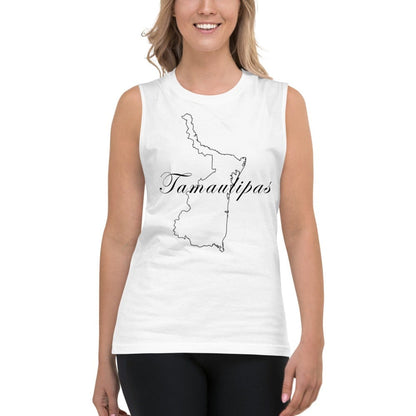A woman wearing a white unisex muscle shirt with the text 'Tamaulipas' on it.