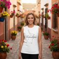 A woman wearing a white unisex muscle shirt with the text 'Tamaulipas' on it.