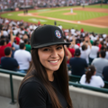A woman smiling in a crowded baseball stadium, wearing a black baseball cap with a Tecolotes de Los Dos Laredos logo and a black t-shirt.