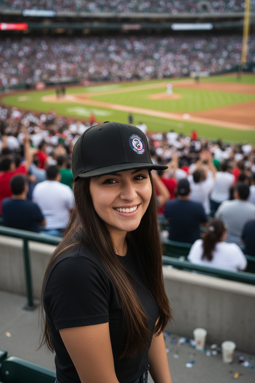 A woman smiling in a crowded baseball stadium, wearing a black baseball cap with a Tecolotes de Los Dos Laredos logo and a black t-shirt.