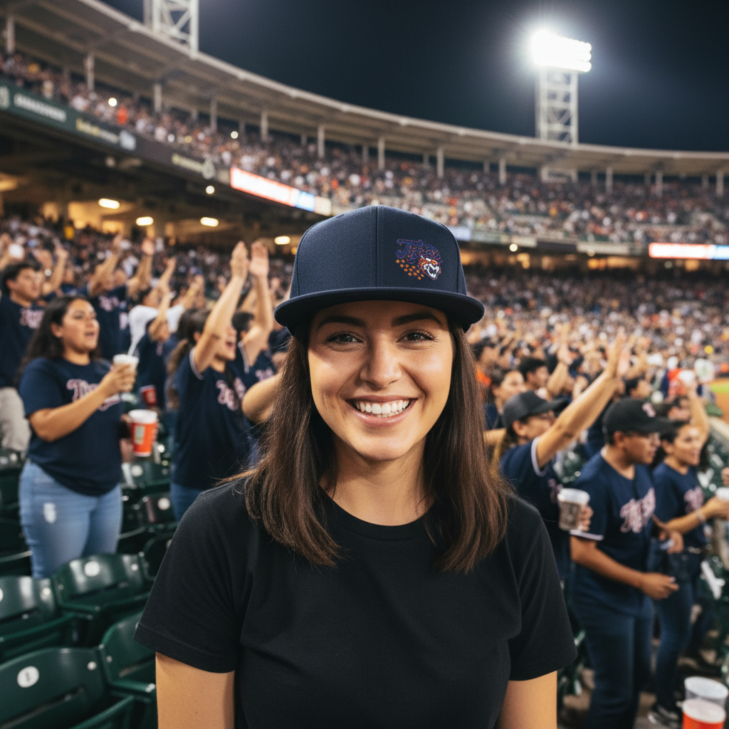 A smiling woman in a Tigres de Quintana Roo baseball stadium wearing a navy blue cap and a black t-shirt, with a cheering crowd in the background.