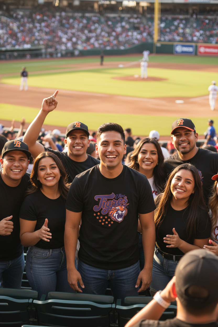 A person wearing a black t-shirt with 'Tigres de Quintana Roo' and a tiger graphic on it.