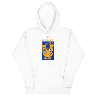White Tigres UANL hoodie with a hood, featuring a graphic print of the team's logo on the front.