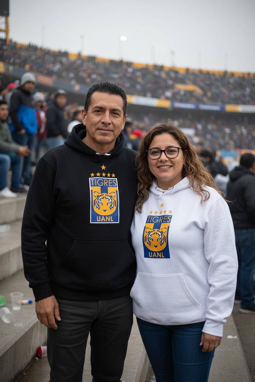 White Tigres UANL hoodie with a hood, featuring a graphic print of the team's logo on the front.