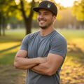 A smiling man standing outdoors in a park at sunset, wearing a gray fitted T-shirt, black shorts, and a black Tigres UANL baseball cap with a small crest logo on the front.