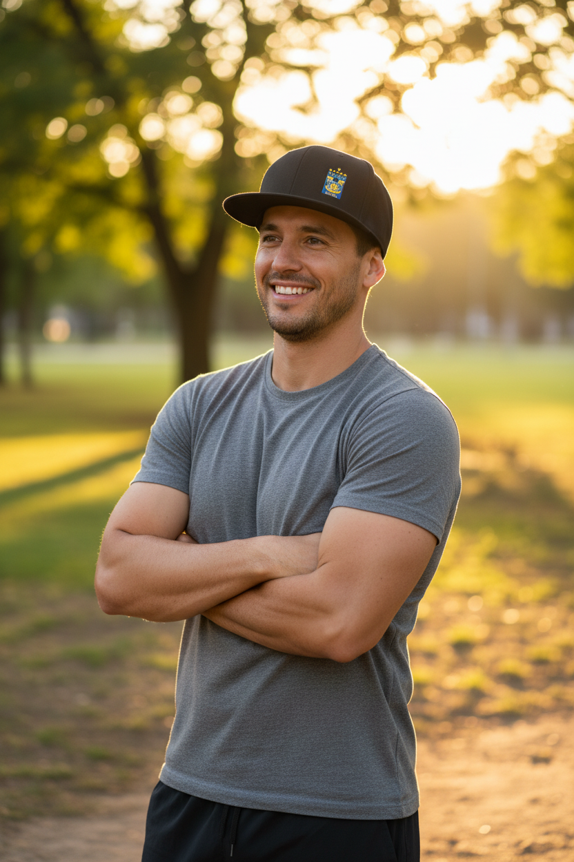 A smiling man standing outdoors in a park at sunset, wearing a gray fitted T-shirt, black shorts, and a black Tigres UANL baseball cap with a small crest logo on the front.