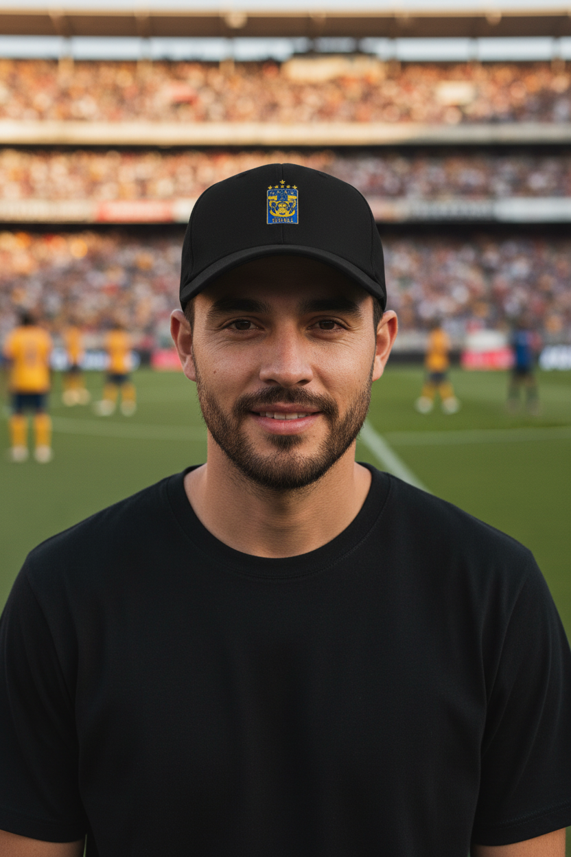 A man wearing a black crewneck t-shirt and a black Tigres UANL Twill baseball cap with a small crest logo, standing in a stadium with a soccer field and crowd in the background.